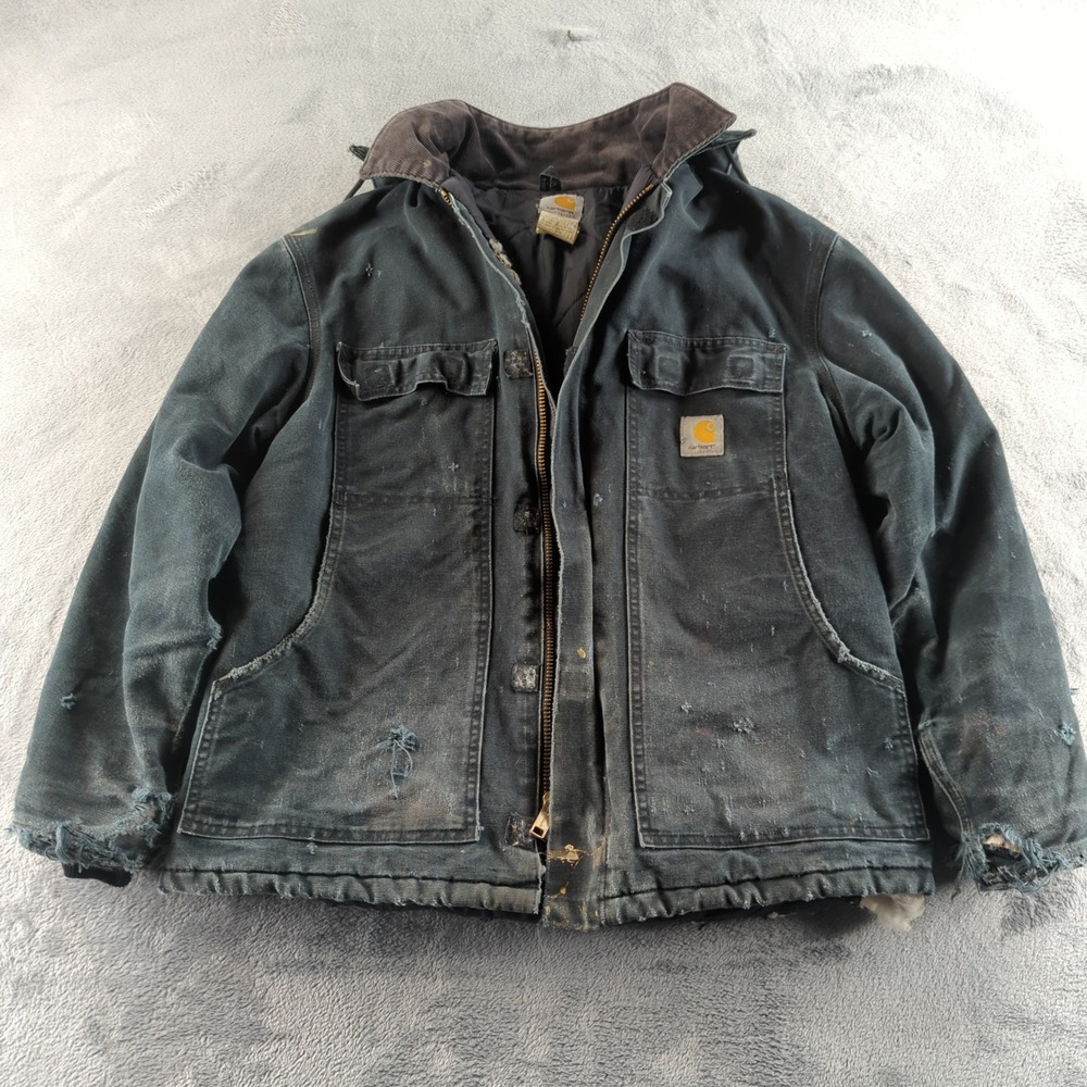 Vintage 90s Carhartt Jacket Mens 42 Large Black Thrashed Coat YKK Zipper BLK C04